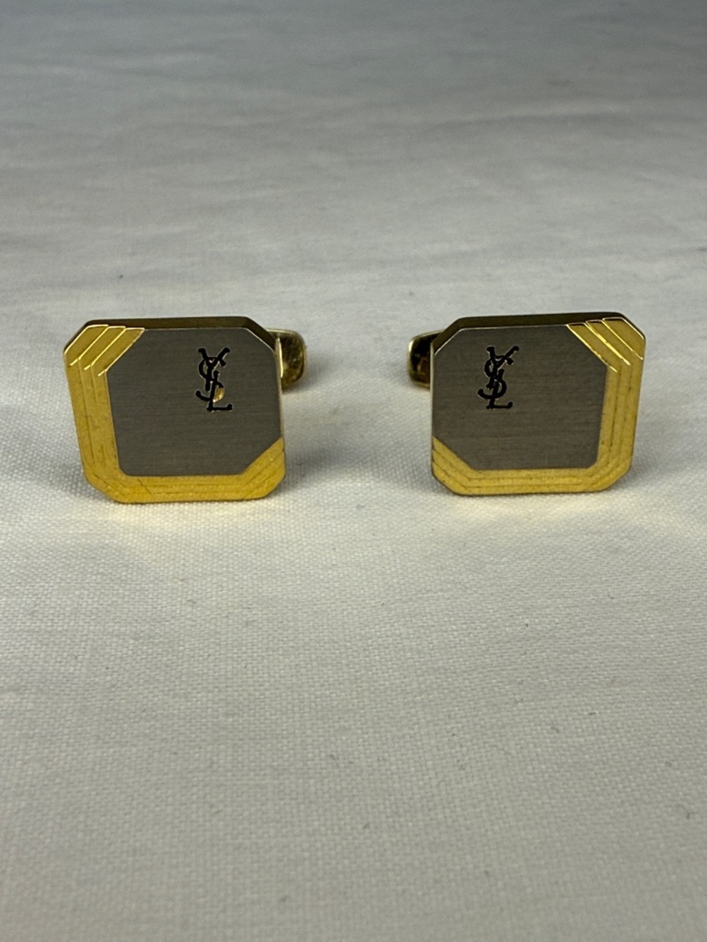 Saint Laurent YSL Gold Tone Logo Square Cufflinks 1 Inch